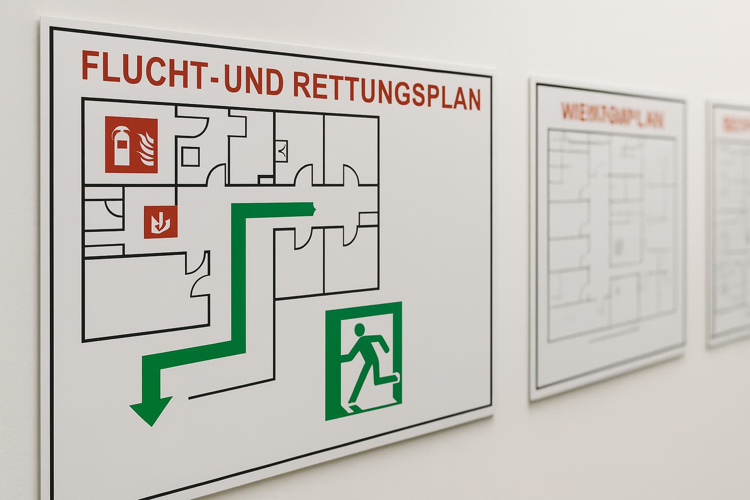 Flucht und Rettungsplan an einer weißen Wand